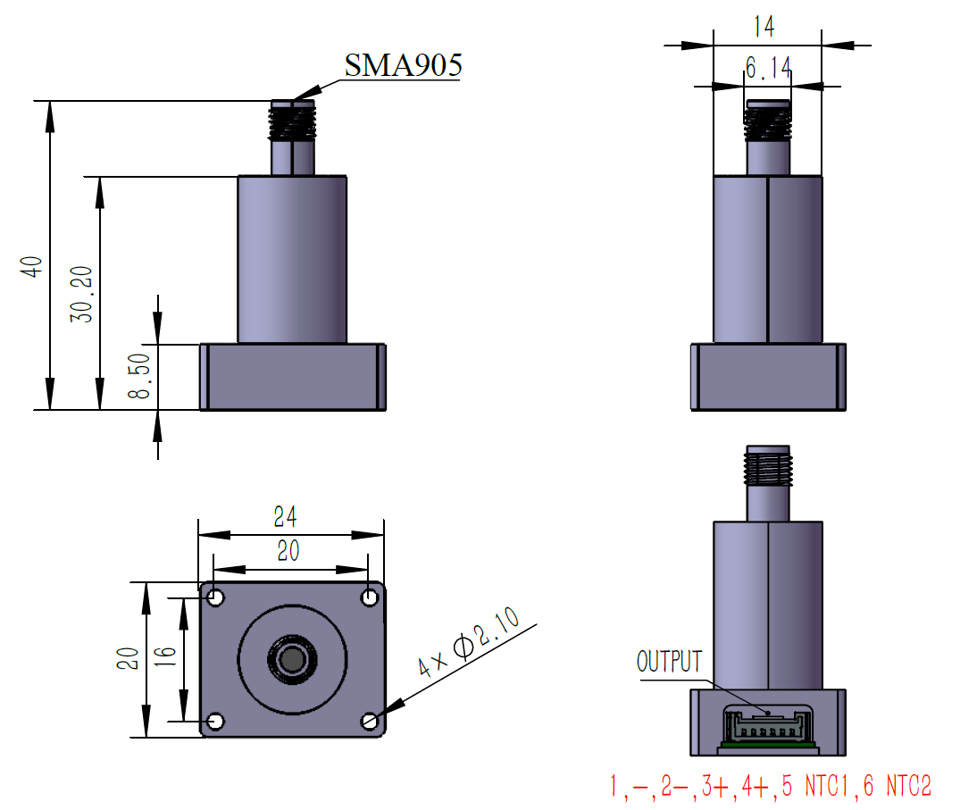 SMA905 六针模块尺寸图（单位：mm）